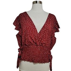 SHEIN Dark Red White Polka Dot Ruffle V-Neck Shirred Plus Cropped Top Size 16